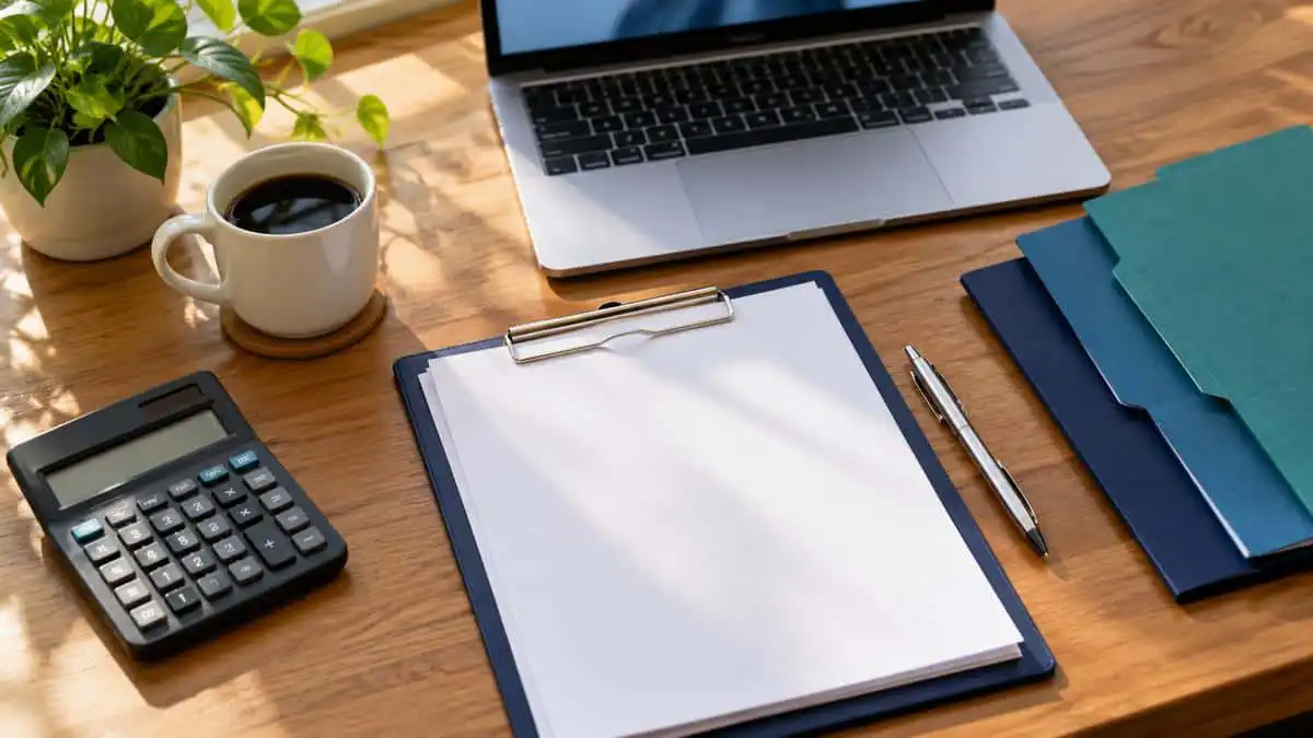 Organized workspace with laptop, calculator, blank papers, and folders for ACA reporting preparation