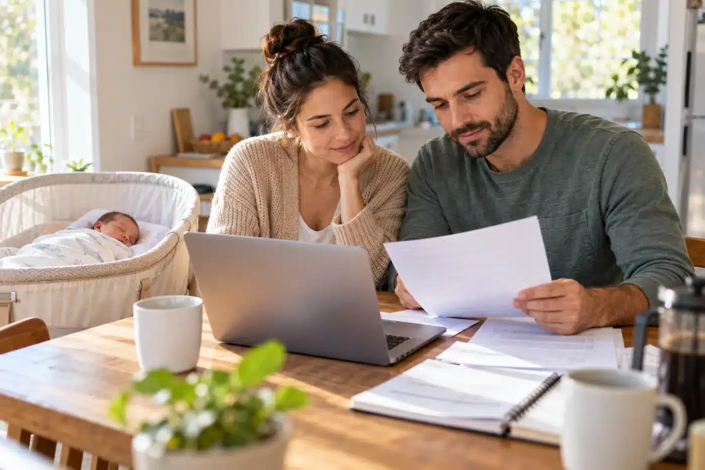 Can I Change Health Insurance After Open Enrollment? Parents reviewing how to change health insurance after open enrollment following a birth