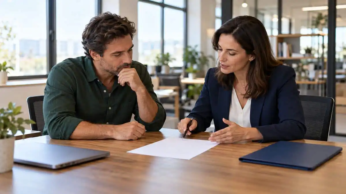 Business owner and HR advisor discussing co-employment responsibilities over blank paperwork