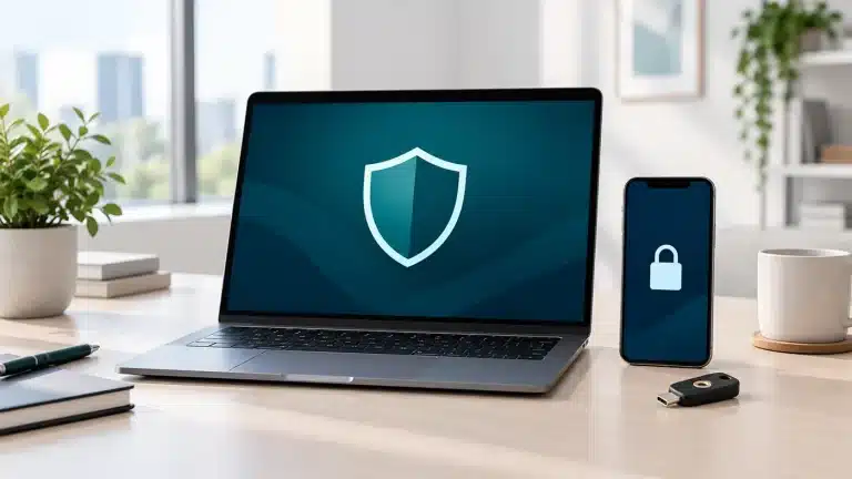 Cybersecurity best practices illustrated by a laptop security shield, smartphone lock, and physical security key