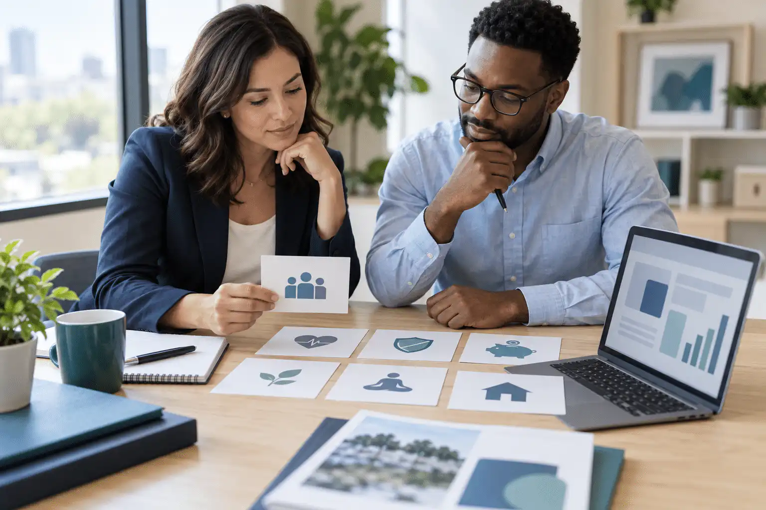 Two HR professionals reviewing employee benefits materials beside a laptop.