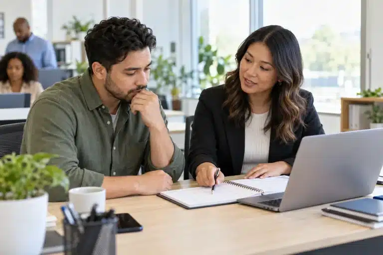 Employee discussing missed open enrollment with an HR colleague