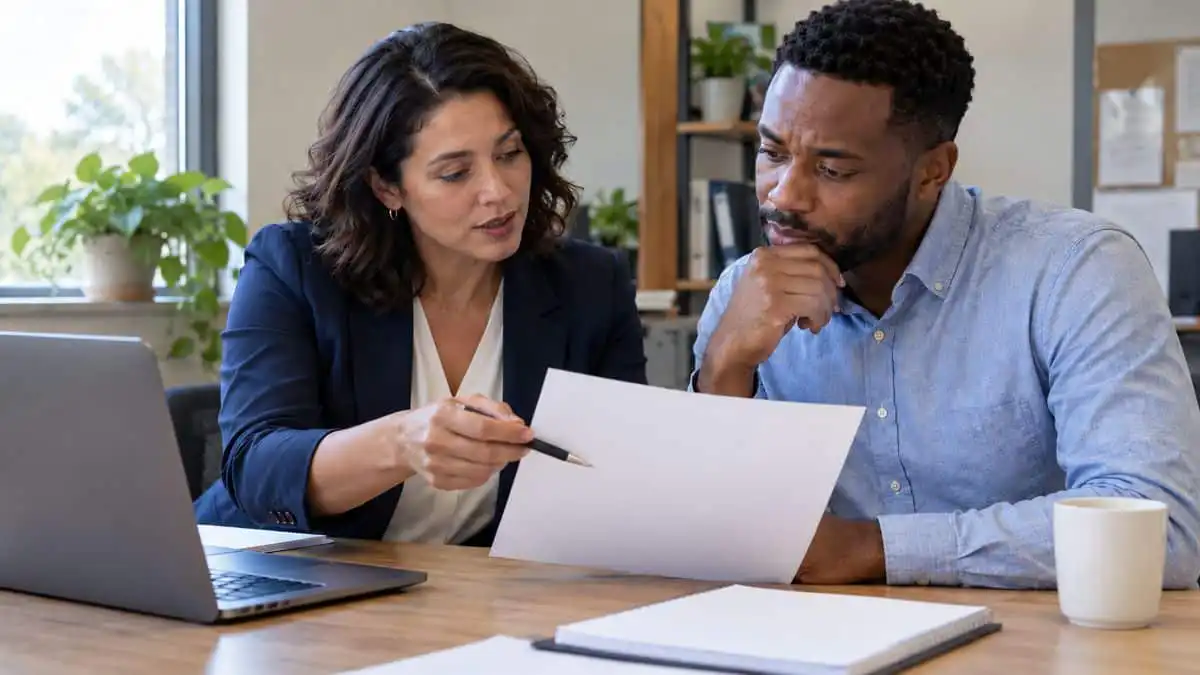 Benefits administrator and employee discussing open enrollment beside a laptop