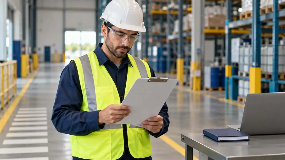 Safety manager reviewing blank paperwork in a warehouse for Texas OSHA recordkeeping preparation