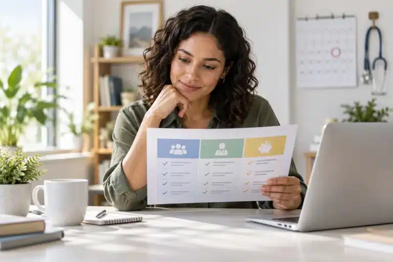 Employee comparing PPO, HMO, and HDHP health insurance plans